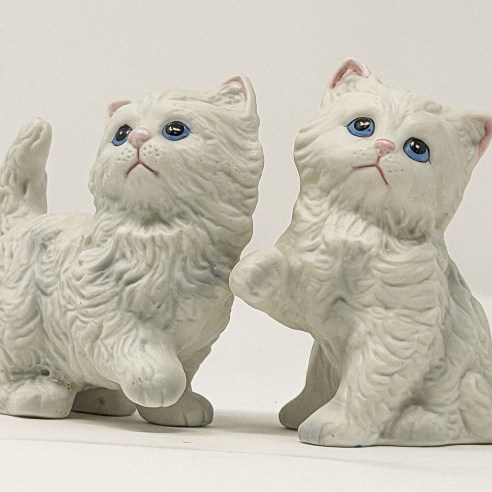Homeco Vintage Porcelain Cat Pair Fluffy White Blue Eyes Persian Figurine Small